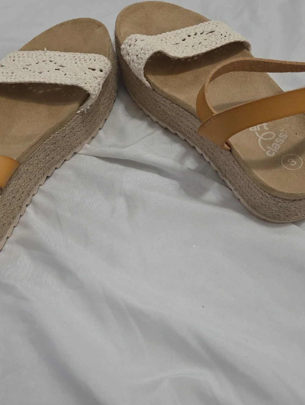 Girls Cream Crochet Front Platform Sandals with Tan Ankle Strap